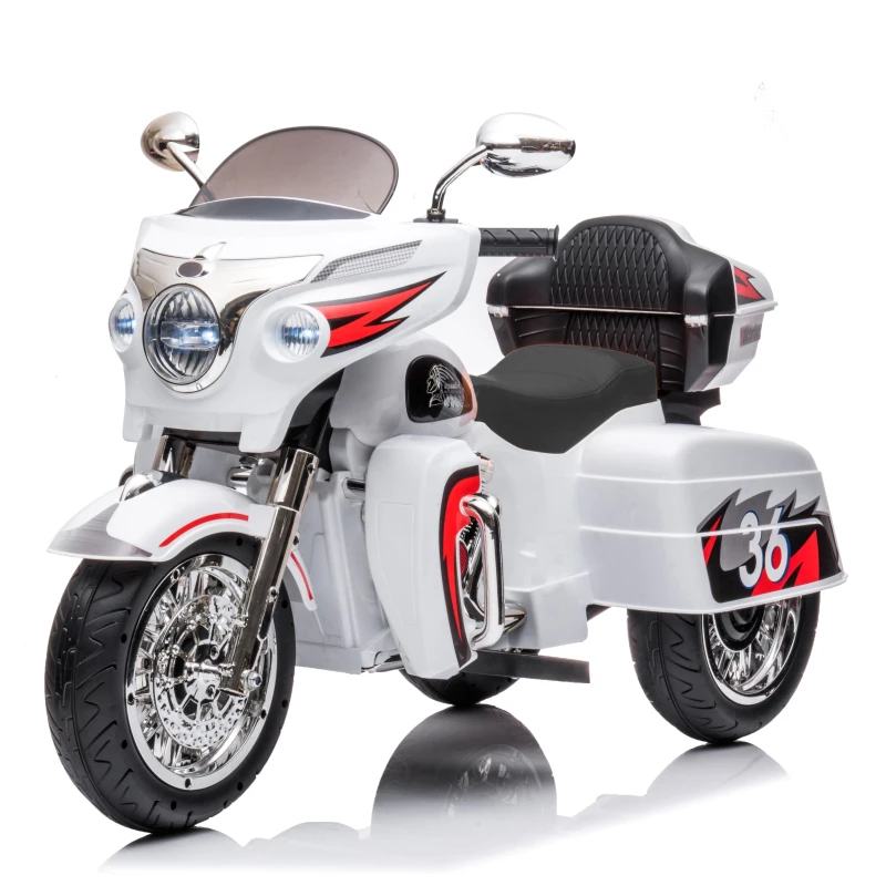 2-Seat 12V Kids Electric Ride-On Motorcycle with Storage Trunk, 3-Wheel Motorbike with MP3 and Bluetooth, 43.5'' L x 19'' W x 26.5'' H, White