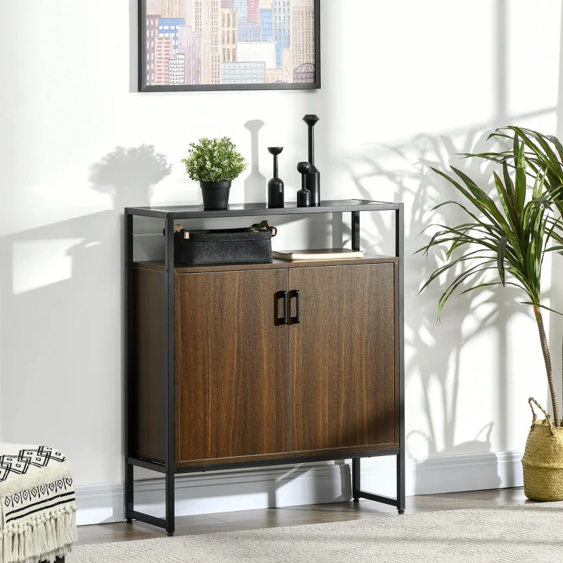 HOMCOM Buffet Cabinet, Glass Tabletop Accent Sideboard with Storage Cabinet and Open Shelf, Console Table for Living Room, Kitchen, Entryway, Brown