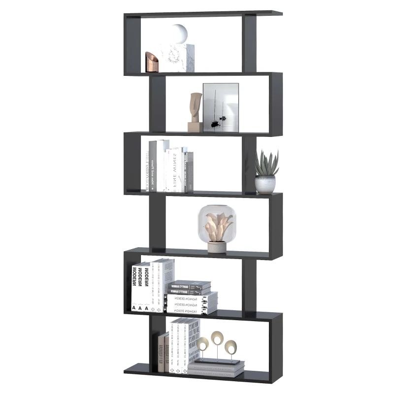 HOMCOM 76" 6-Tier Wooden Bookcase S Shaped Storage Display Shelf Modern Bookshelf Open Concept Living Room Home Office Furniture, Black