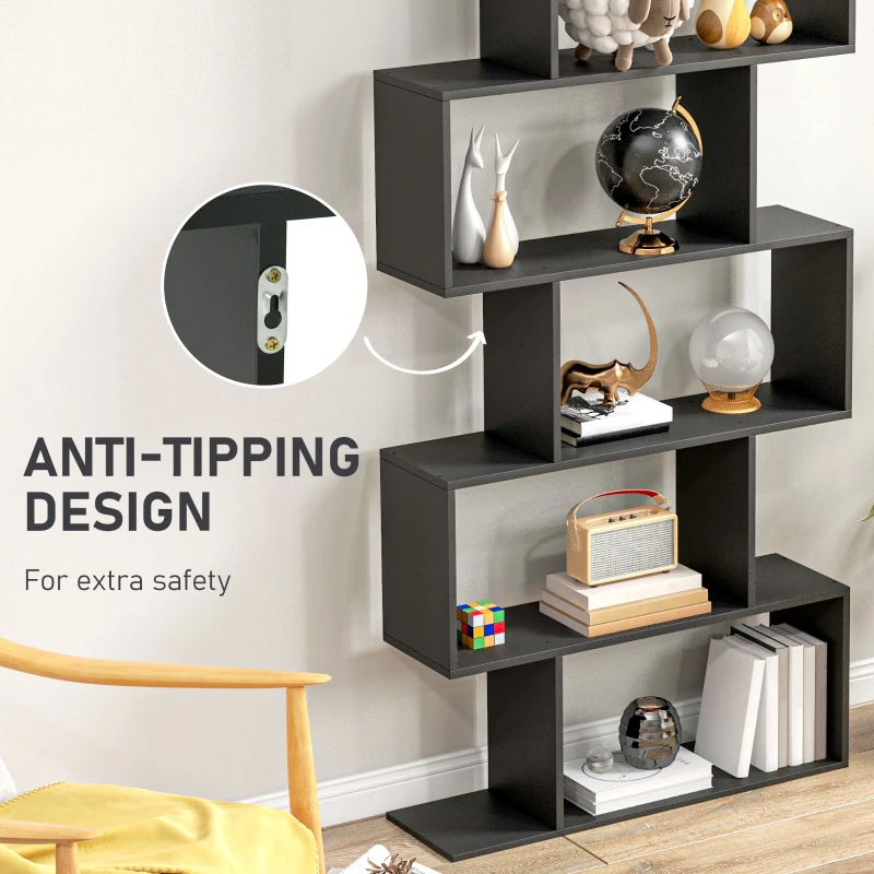 HOMCOM 76" 6-Tier Wooden Bookcase S Shaped Storage Display Shelf Modern Bookshelf Open Concept Living Room Home Office Furniture, Black