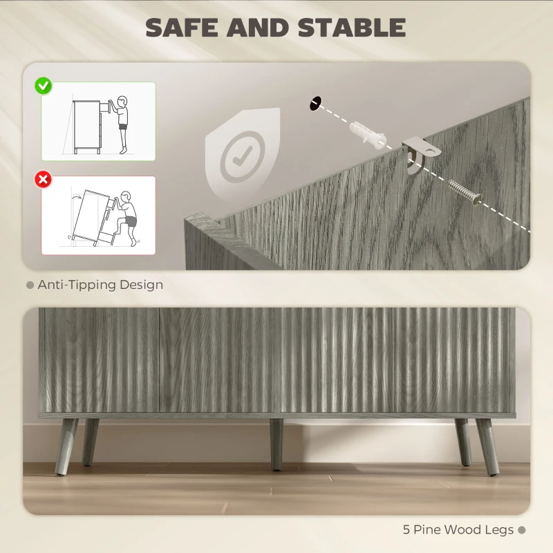 HOMCOM Buffet Cabinet with Storage, Modern Fluted Sideboard with Adjustable Shelves for Dining Room Living Room, Light Grey