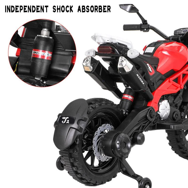 12V Electric Ride-On Motorcycle with Soft PU Seat & Training Wheels, Motorbike Perfect for Toddlers Ages 3-6, 40.5″ L x 21.5″ W x 27″ H, Red