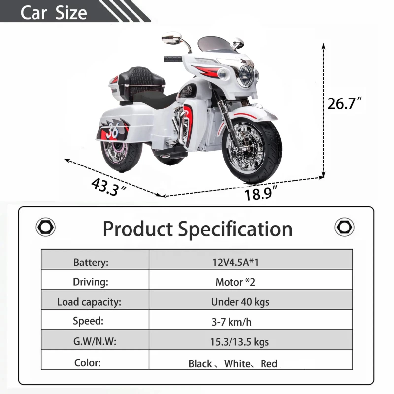 2-Seat 12V Kids Electric Ride-On Motorcycle with Storage Trunk, 3-Wheel Motorbike with MP3 and Bluetooth, 43.5'' L x 19'' W x 26.5'' H, White