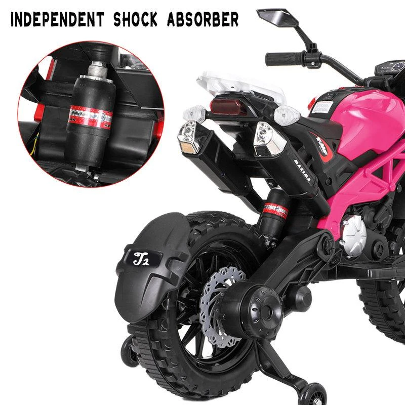 12V Kids Electric Motorcycle Ride-On with Training Wheels, Hand Throttle & Foot Brake, Motorbike for Ages 3-6, 48" L x 22" W x 33" H, Pink
