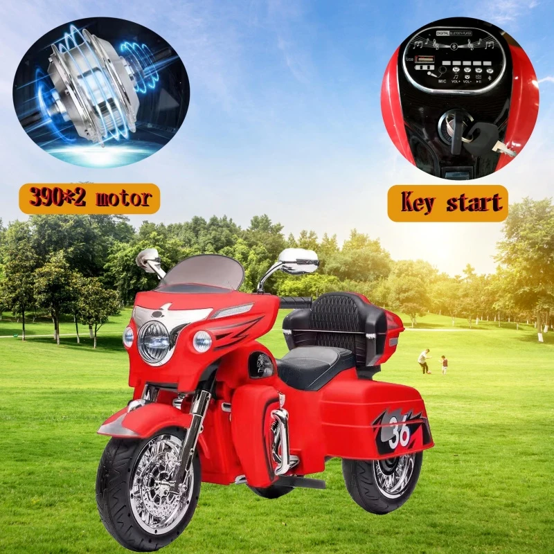 2-Seat 12V Kids Electric Ride-On Motorcycle with Storage Trunk, 3-Wheel Motorbike with MP3 and Bluetooth, 43.5'' L x 19'' W x 26.5'' H, Red