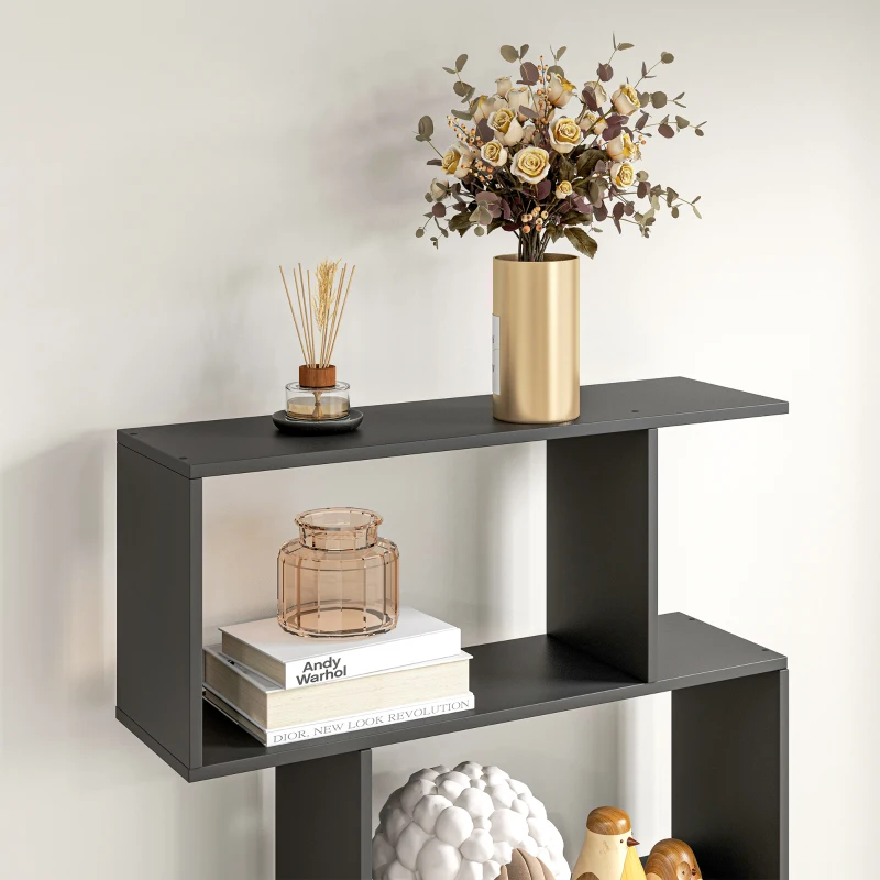 HOMCOM 76" 6-Tier Wooden Bookcase S Shaped Storage Display Shelf Modern Bookshelf Open Concept Living Room Home Office Furniture, Black