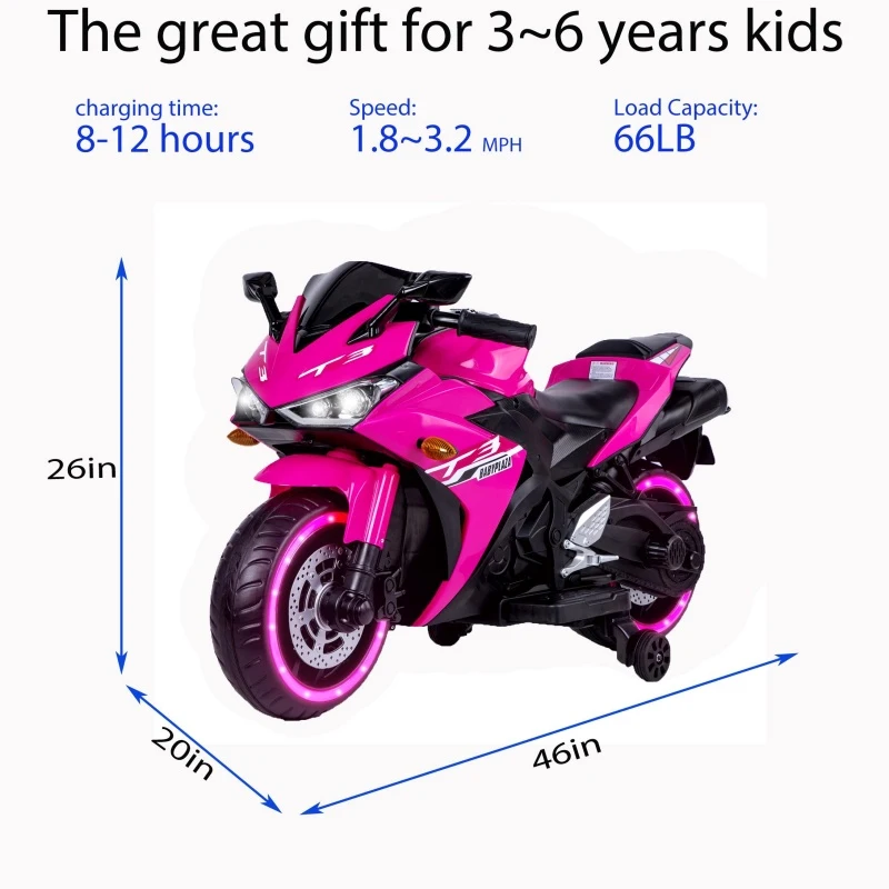 12V Kids Electric Ride-On Motorcycle with Training Wheels and Headlight, Motorbike with MP3 and Light-Up Wheels, 46" L x 20" W x 26" H, Pink