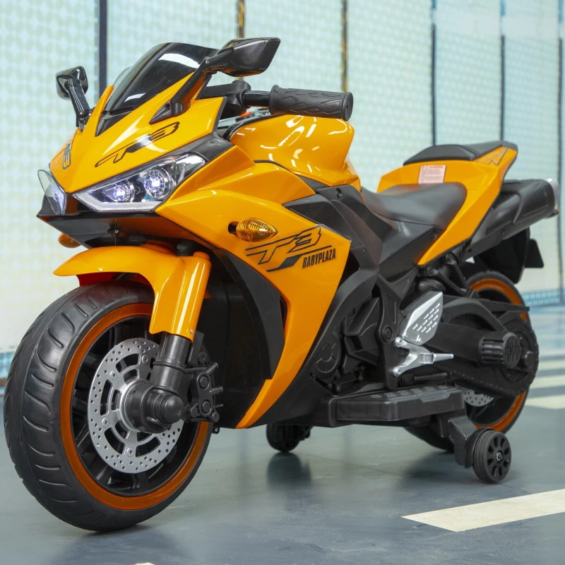12V Kids Electric Ride-On Motorcycle with Training Wheels and Headlight, Motorbike with MP3 and Light-Up Wheels, 46" L x 20" W x 26" H, Orange