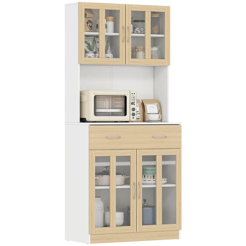 HOMCOM 71" Kitchen Buffet with Hutch, Freestanding Pantry Cupboard with Central Drawer, 2 Glass Door Cabinets and Countertop, White