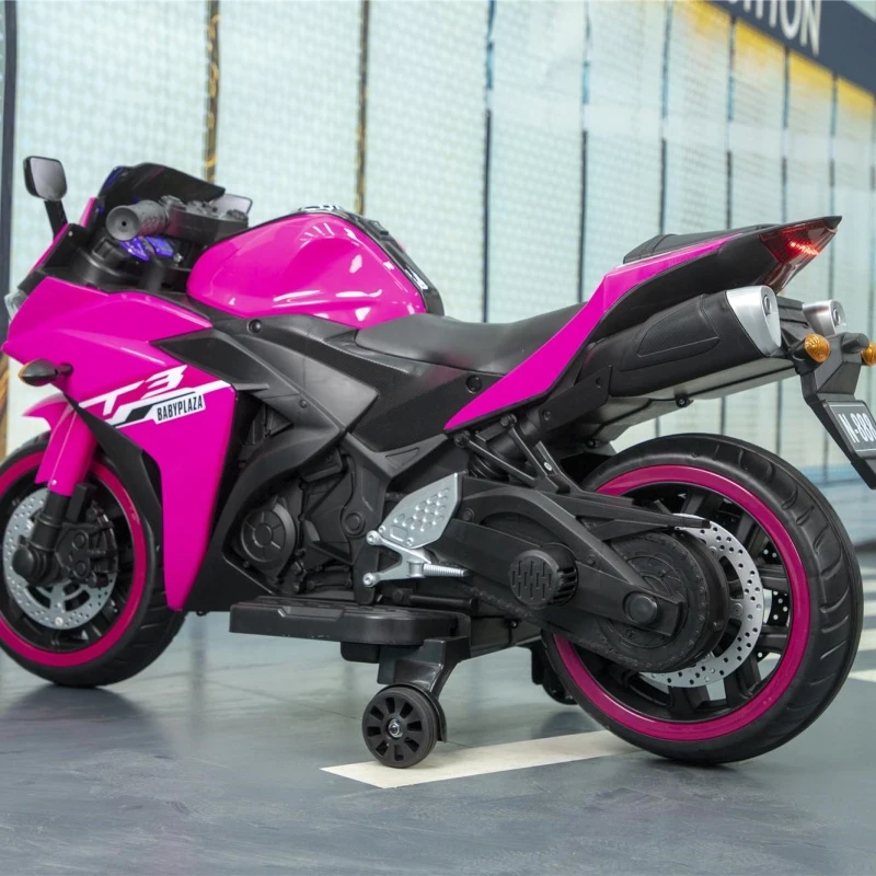 12V Kids Electric Ride-On Motorcycle with Training Wheels and Headlight, Motorbike with MP3 and Light-Up Wheels, 46" L x 20" W x 26" H, Pink