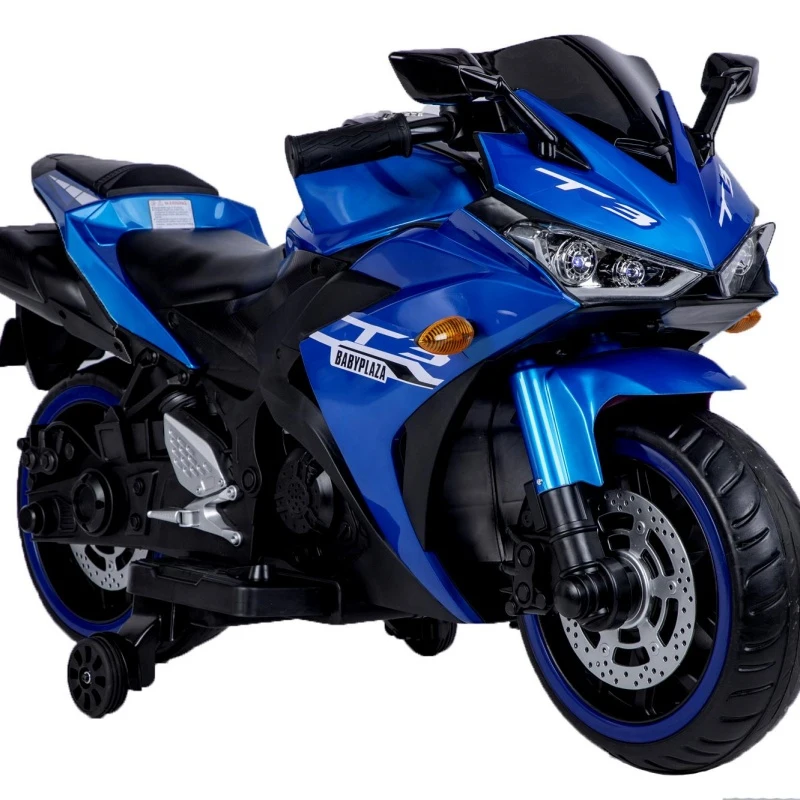 12V Kids Electric Ride-On Motorcycle with Training Wheels and Headlight, Motorbike with MP3 and Light-Up Wheels, 46" L x 20" W x 26" H, Blue