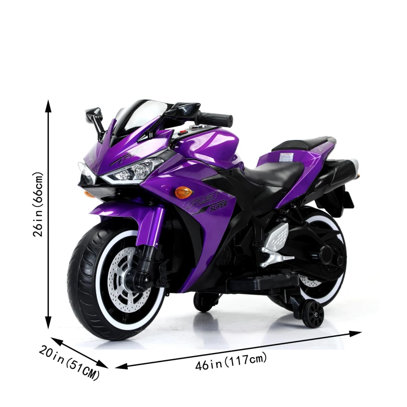 12V Ride-On Motorcycle for Ages 3-6 with Training Wheels and Headlight, Motorbike with MP3 and Light-Up Wheels, 46" L x 20" W x 26" H, Purple