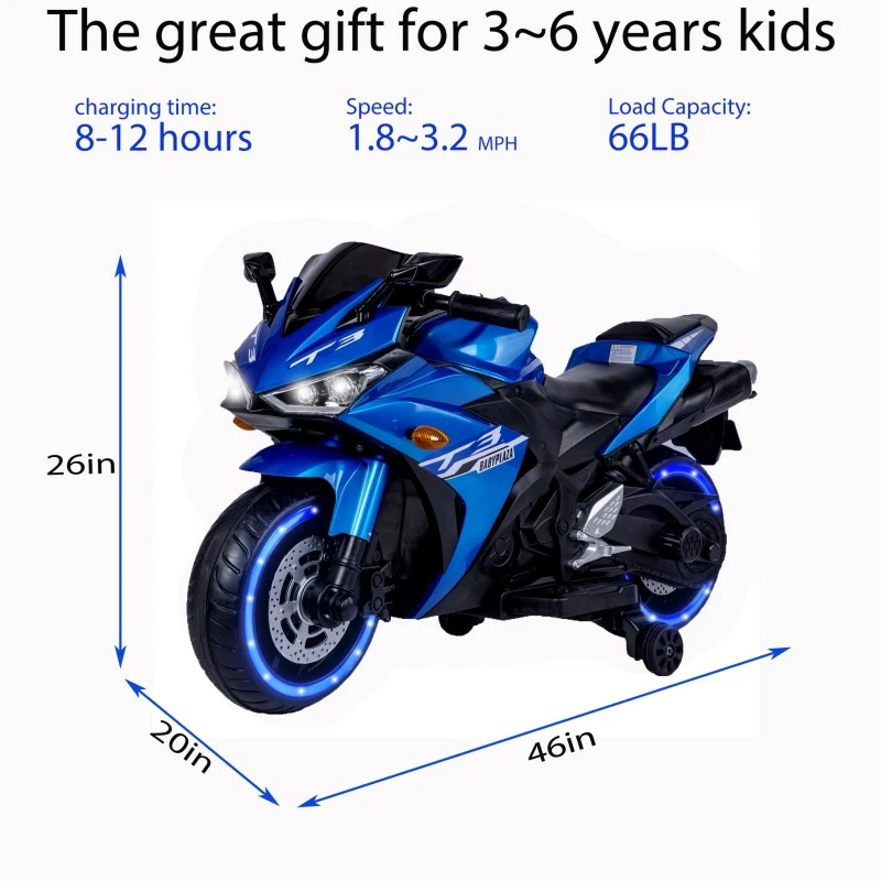12V Kids Electric Ride-On Motorcycle with Training Wheels and Headlight, Motorbike with MP3 and Light-Up Wheels, 46" L x 20" W x 26" H, Blue