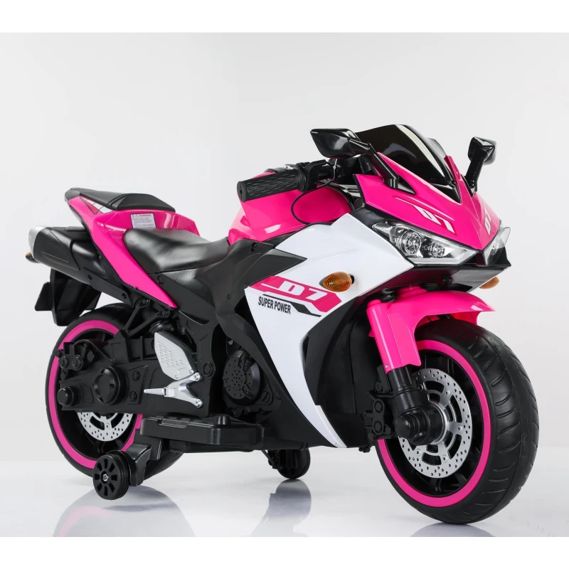 12V Kids Electric Ride-On Motorcycle with Training Wheels and Headlight, Motorbike with MP3 and Light-Up Wheels, 46" L x 20" W x 26" H, Pink