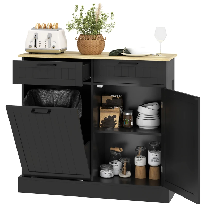 HOMCOM Hidden Garbage Bin Cabinet, Tilt Out Trash Cabinet w/ 2 Drawers, Freestanding Kitchen Island for Laundry, Black