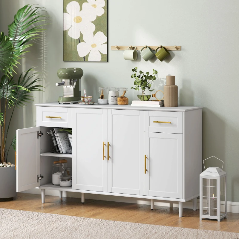 HOMCOM 55" Buffet Cabinet with Soft-Close Doors, Modern Sideboard with 2 Drawers, 3 Adjustable Shelves and 4 Doors, White