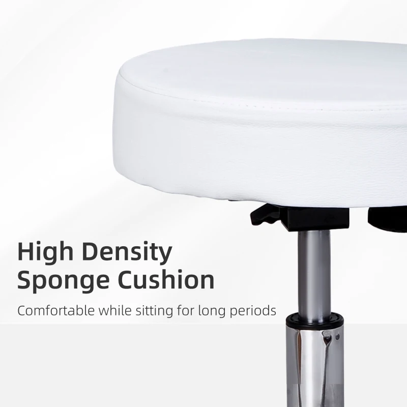 HOMCOM Adjustable Rolling Stool with Back, PU Leather Round Swivel Drafting Stool with Wheels for Kitchen, Salon Spa, Bar, Home Office, Massage, White