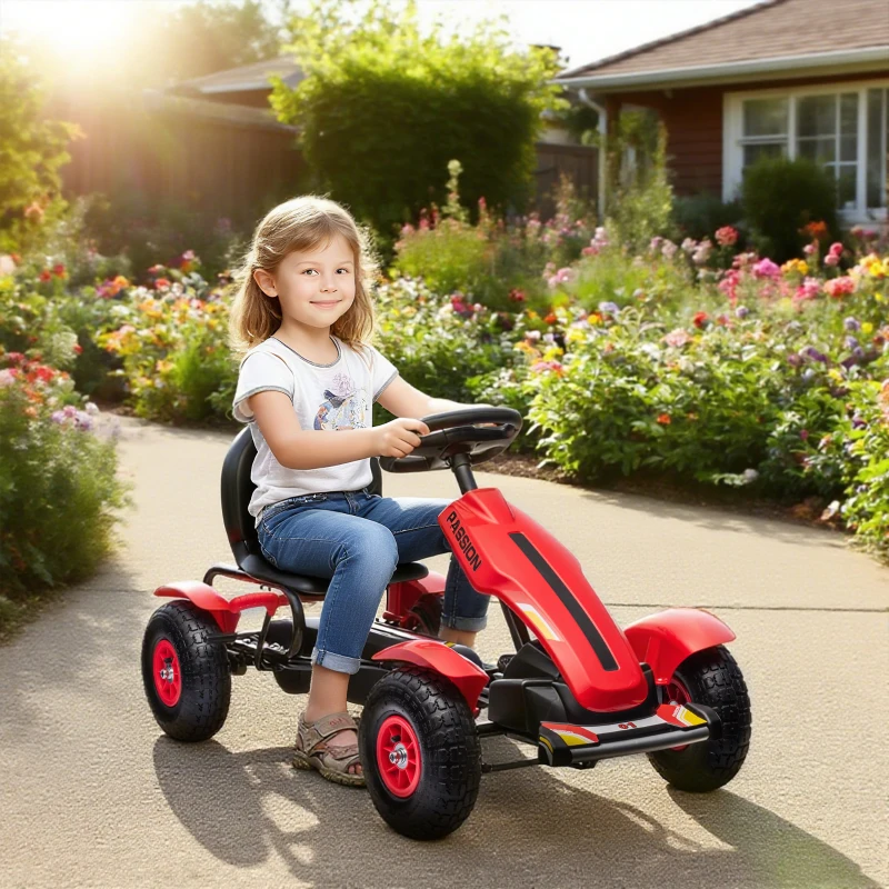 Aosom Pedal Go Kart for Kids, Pedal Car with Adjustable Bucket, Handbrake, 4 Rubber Wheels Powered Ride, Red