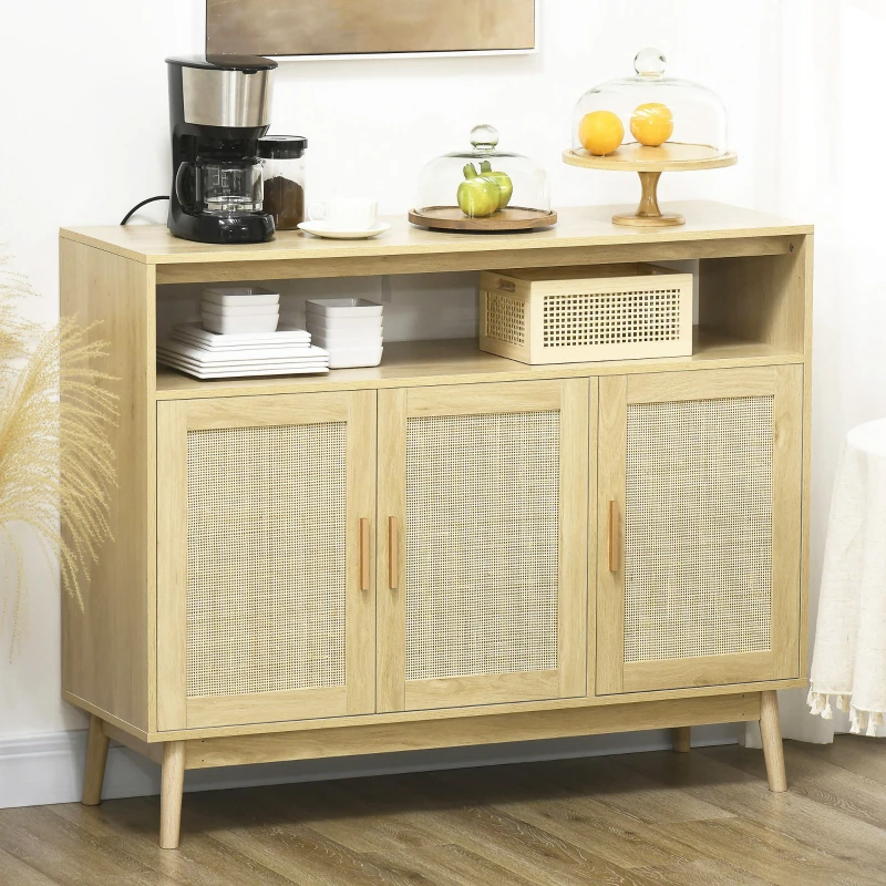 HOMCOM Accent Sideboards, Kitchen Storage Cabinet with 3 Rattan Doors, Adjustable Shelves for Living Room, Hallway