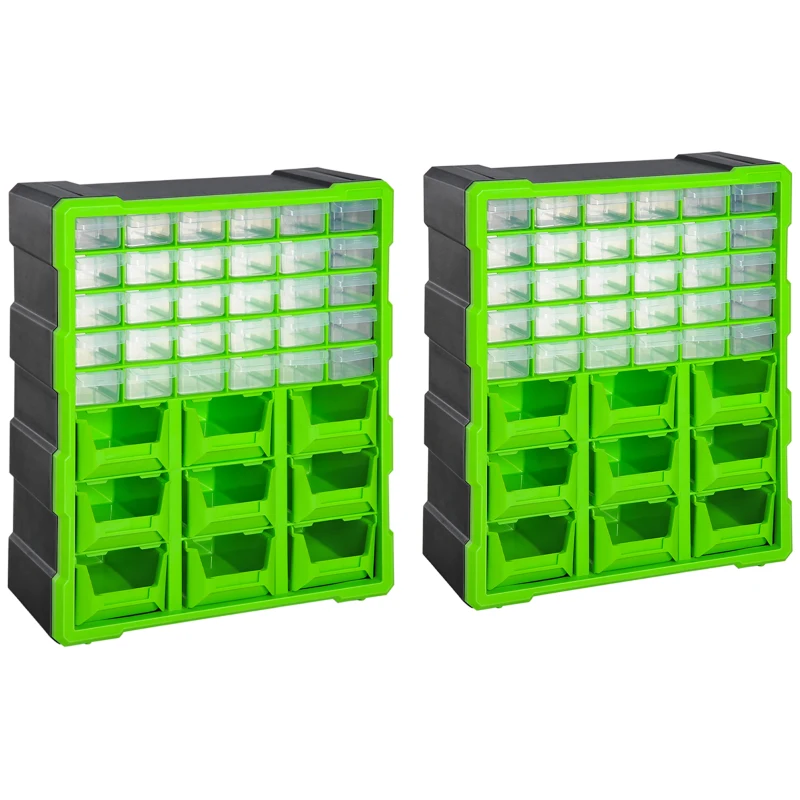 DURHAND Plastic 39 Drawer Parts Organiser Wall Mount Storage Cabinet for Small Nuts Bolts Tool Set of 2 Green