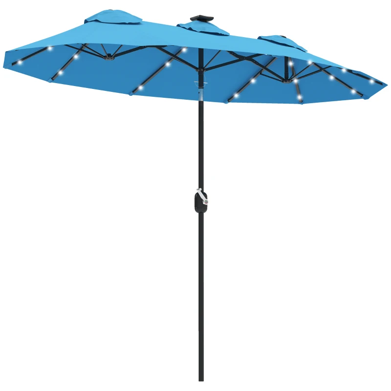 Outsunny Double-sided Patio Umbrella, 9.7' Outdoor Umbrella with Tilt and Crank, LED Solar Light and 12 Ribs, Light Blue