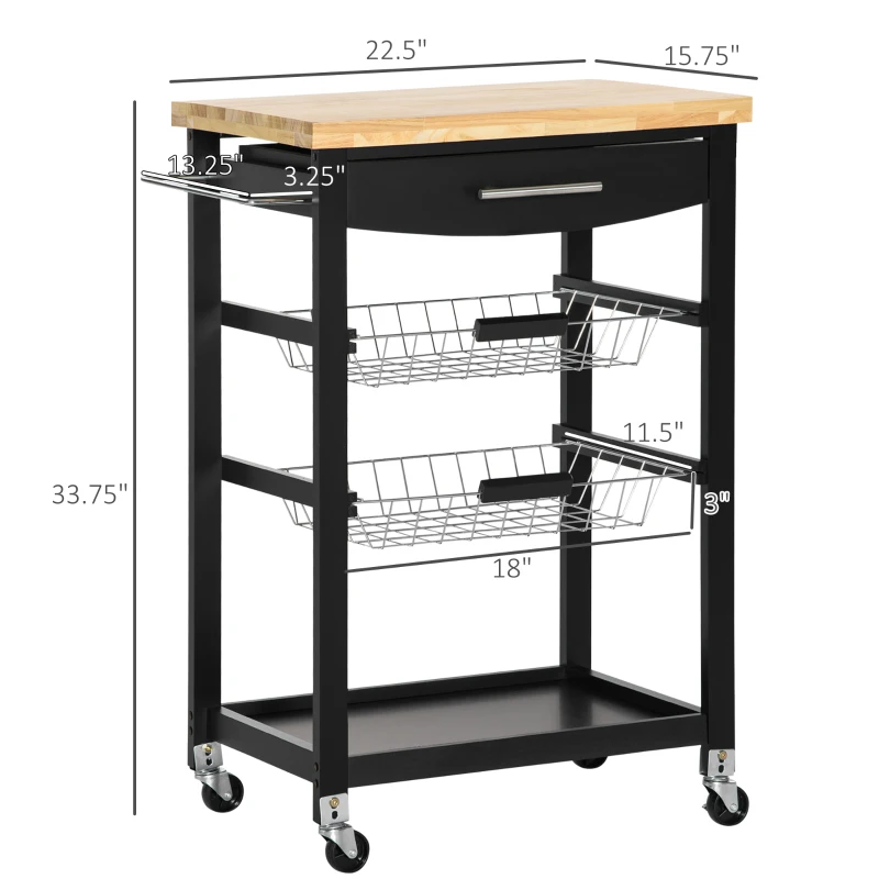 HOMCOM 3-Tier Utility Kitchen Cart with Handle Bar, Steel Basket Rolling Kitchen Island, Food Storage Service Trolley with Wheels, Rubber Wood Top (Black)