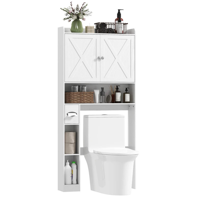 HOMCOM Farmhouse Over the Toilet Cabinet with Barn Doors, Over the Toilet Storage Cabinet with Adjustable Shelf, White