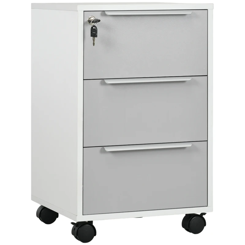 HOMCOM 3 Drawer File Cabinet with Wheels, Vertical Filing Cabinet with Lock, Grey