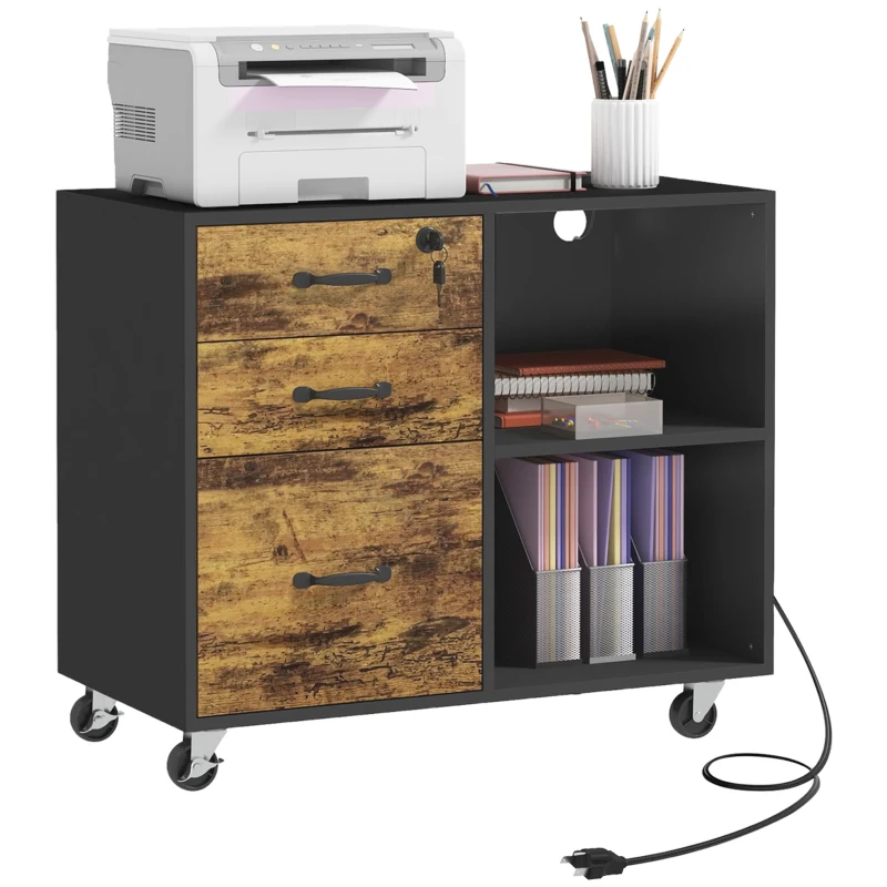 HOMCOM Mobile Printer Stand with Charging Station USB Ports Locking Filing Cabinet for A4 Letter Size Rustic Brown and Black