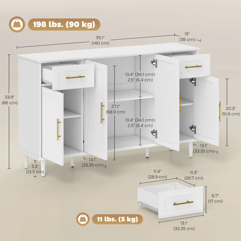 HOMCOM 55" Buffet Cabinet with Soft-Close Doors, Modern Sideboard with 2 Drawers, 3 Adjustable Shelves and 4 Doors, White