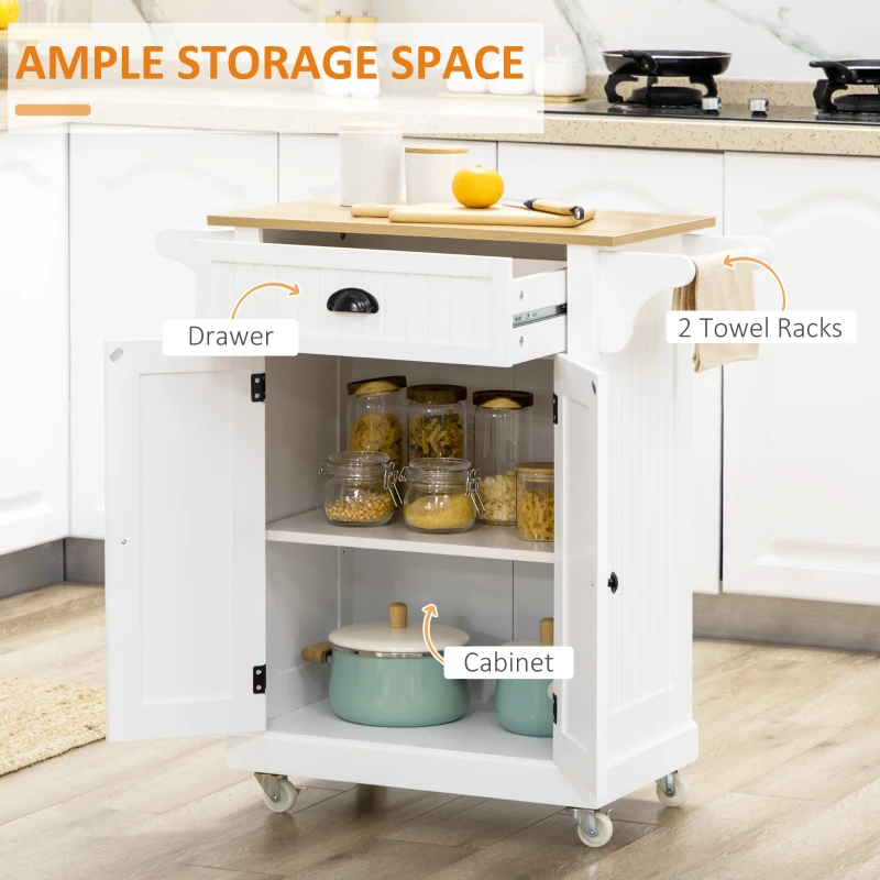 HOMCOM Rolling Kitchen Cart on Wheels, Utility Bar Cart with Drawer, 2 Towel Racks and Adjustable Shelf, White