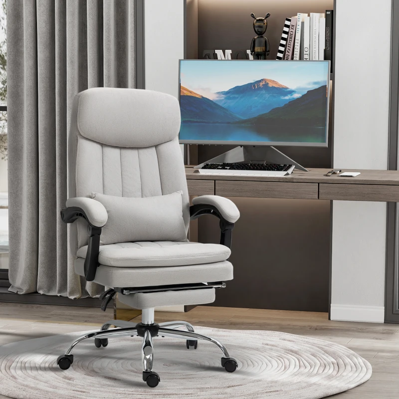 Vinsetto High Back Office Chair, Microfibre Computer Desk Chair with Lumbar Support Pillow, Foot Rest, Reclining Back, Arm, Light Grey