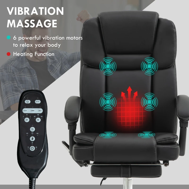 Vinsetto Massage Office Chair, Reclining Executive Office Chair with 6-Point Vibration, Footrest and High Back, Black