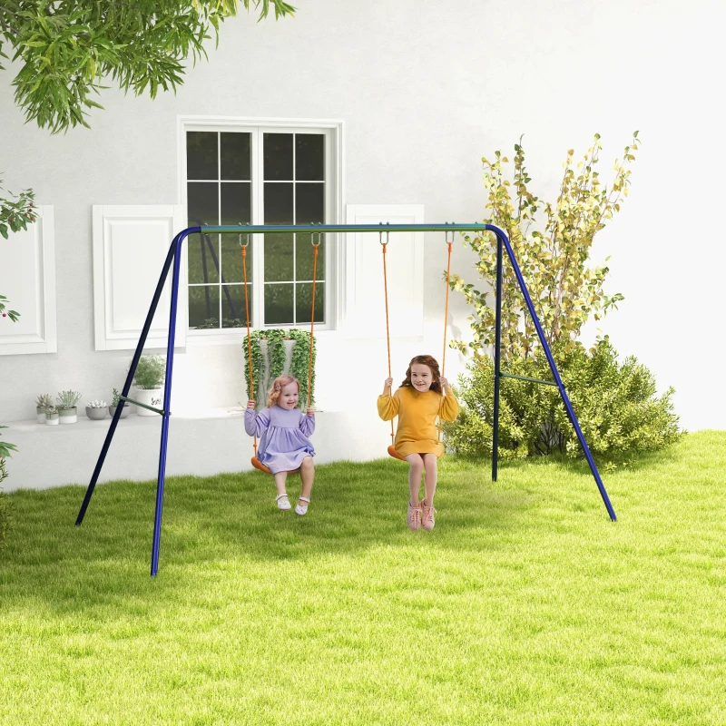 Outsunny Kids Swing Set Outdoor Metal Swing Frame with Double Swing Seats for 1-2 Children Aged 3-8 Years Old