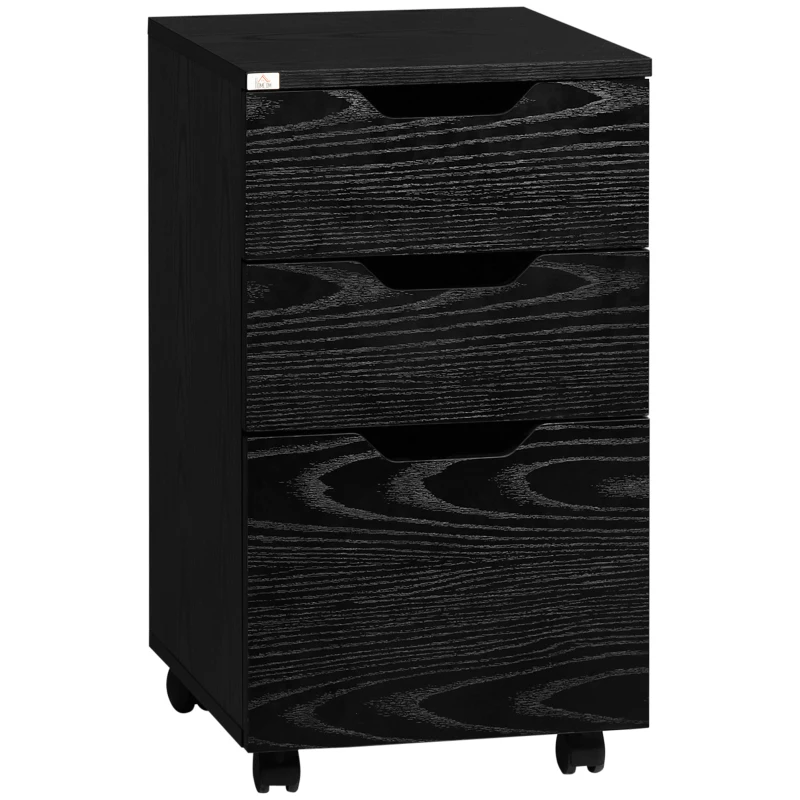 HOMCOM Vertical Filing Cabinet, 3 Drawer Mobile File Cabinet, Under Desk Office Storage Cabinet with Wheels, Black Wood Grain