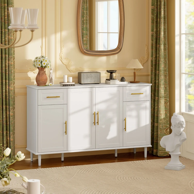 HOMCOM 55" Buffet Cabinet with Soft-Close Doors, Modern Sideboard with 2 Drawers, 3 Adjustable Shelves and 4 Doors, White