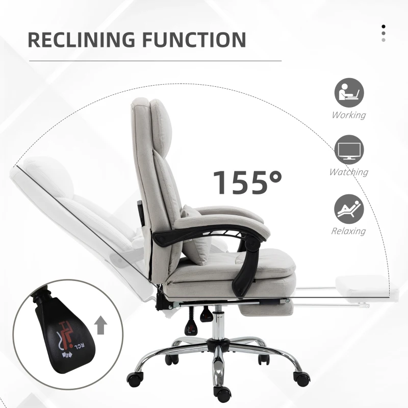 Vinsetto High Back Office Chair, Microfibre Computer Desk Chair with Lumbar Support Pillow, Foot Rest, Reclining Back, Arm, Light Grey
