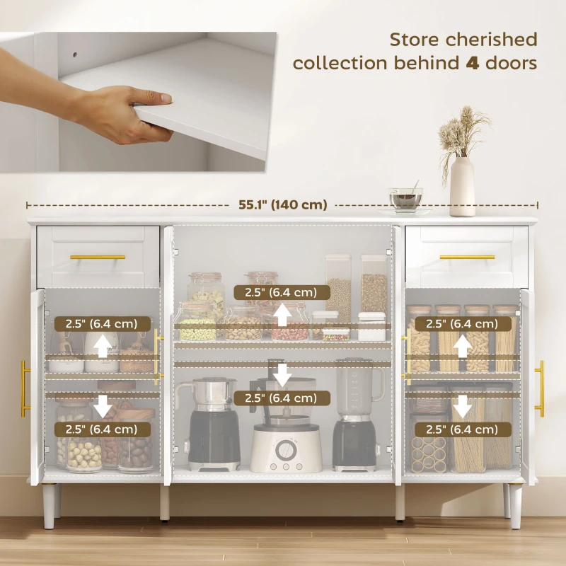 HOMCOM 55" Buffet Cabinet with Soft-Close Doors, Modern Sideboard with 2 Drawers, 3 Adjustable Shelves and 4 Doors, White