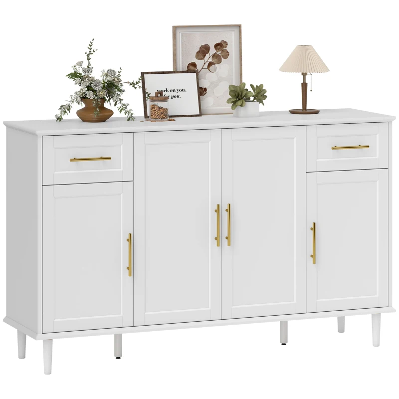 HOMCOM 55" Buffet Cabinet with Soft-Close Doors, Modern Sideboard with 2 Drawers, 3 Adjustable Shelves and 4 Doors, White