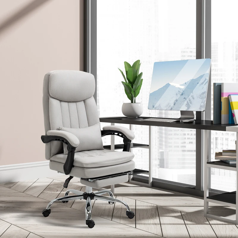 Vinsetto High Back Office Chair, Microfibre Computer Desk Chair with Lumbar Support Pillow, Foot Rest, Reclining Back, Arm, Light Grey