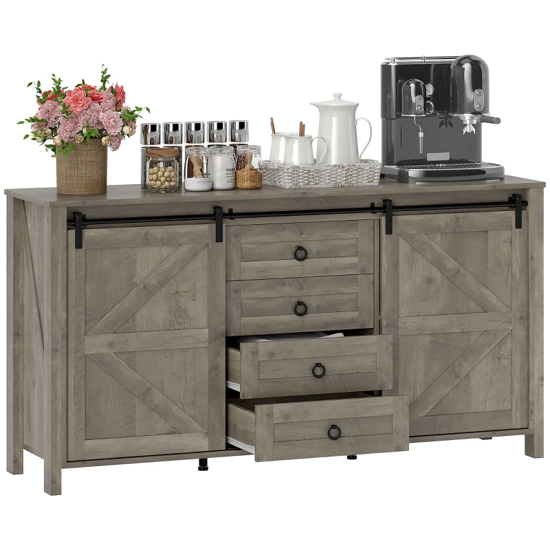HOMCOM 60" Buffet Cabinet, Farmhouse Sideboard with Sliding Barn Doors, Drawers and Adjustable Shelves, Distressed Light Grey