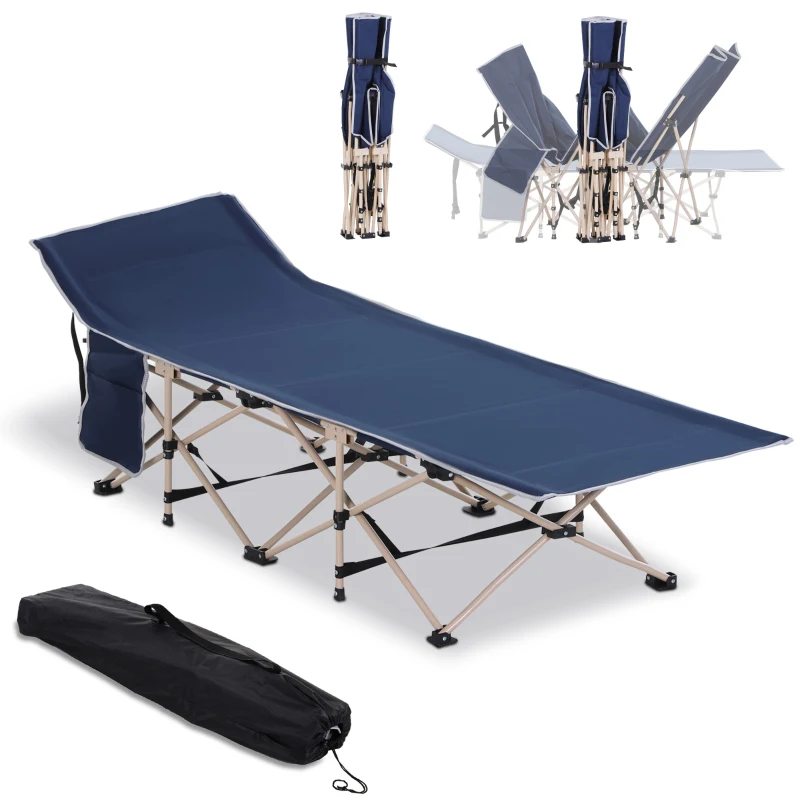 Outsunny Folding Camping Cots for Adults with Carry Bag, Side Pocket, Outdoor Portable Sleeping Bed, 330 lbs. Capacity, Blue