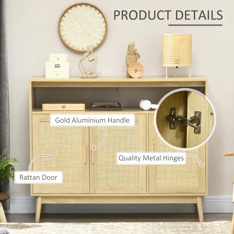 HOMCOM Accent Sideboards, Kitchen Storage Cabinet with 3 Rattan Doors, Adjustable Shelves for Living Room, Hallway