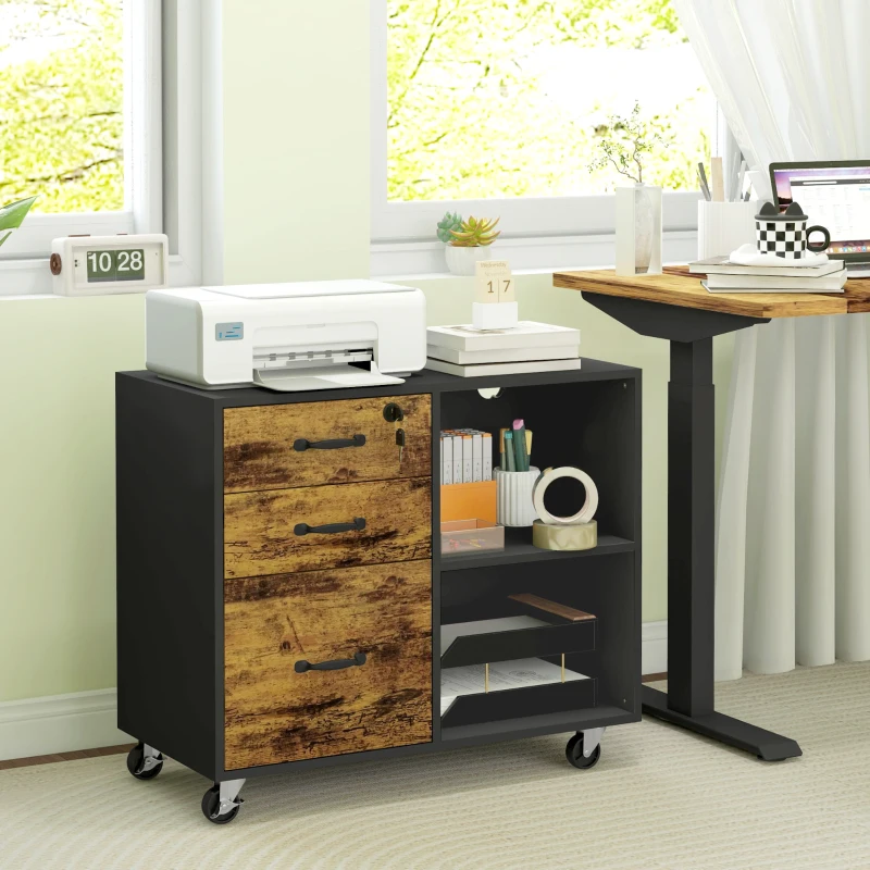 HOMCOM Mobile Printer Stand with Charging Station USB Ports Locking Filing Cabinet for A4 Letter Size Rustic Brown and Black