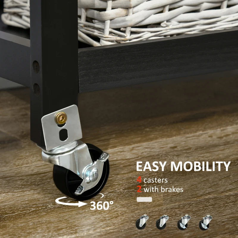 HOMCOM 3-Tier Utility Kitchen Cart with Handle Bar, Steel Basket Rolling Kitchen Island, Food Storage Service Trolley with Wheels, Rubber Wood Top (Black)