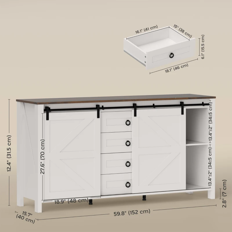 HOMCOM 60" Buffet Cabinet, Farmhouse Sideboard with Sliding Barn Doors, Drawers and Adjustable Shelves, Cream White