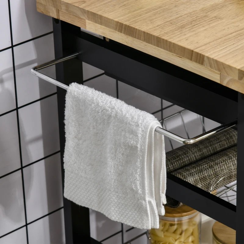 HOMCOM 3-Tier Utility Kitchen Cart with Handle Bar, Steel Basket Rolling Kitchen Island, Food Storage Service Trolley with Wheels, Rubber Wood Top (Black)