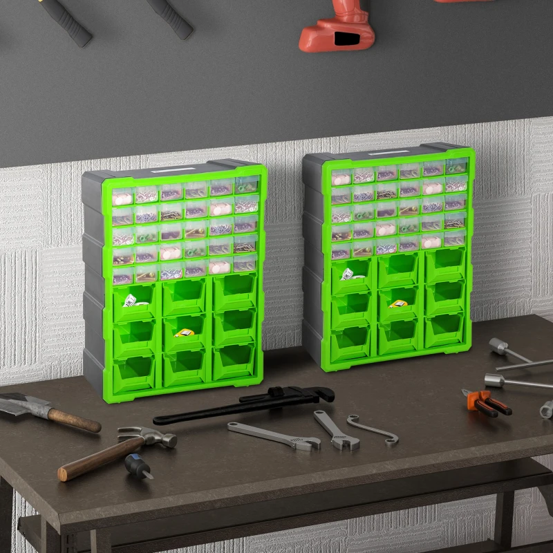 DURHAND Plastic 39 Drawer Parts Organiser Wall Mount Storage Cabinet for Small Nuts Bolts Tool Set of 2 Green