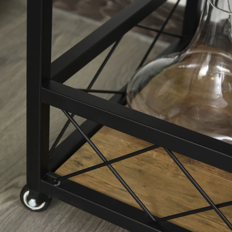 HOMCOM Retro Industrial Bar Serving Cart Rolling Kitchen Island Storage Utility Trolley with 5-bottle Wine Rack & Serving Tray