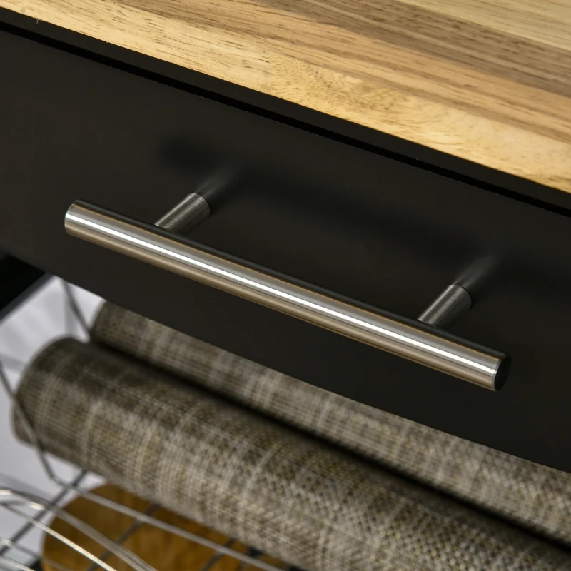 HOMCOM 3-Tier Utility Kitchen Cart with Handle Bar, Steel Basket Rolling Kitchen Island, Food Storage Service Trolley with Wheels, Rubber Wood Top (Black)